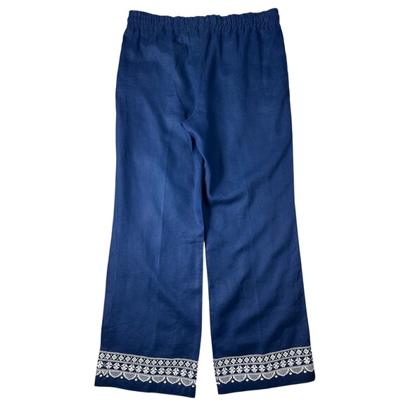 Lands' End Wide Leg Linen Pants Size M (10-12) High Waist Blue Embroidered Hem - Picture 2 of 11